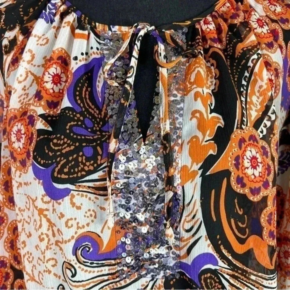 Sunny Leigh Women’s Boho Floral Paisley Blouse Top Orange Sequin Size Medium - Picture 5 of 11